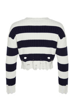 Ekru Crop Genis Kal?p Cizgili Ak?tma Detayl? Triko Kazak TWOAW24KZ00905 - Trendyolmilla фото 8