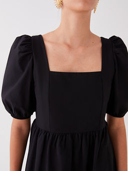 Kare Yaka D?z Balon Kollu Elbise