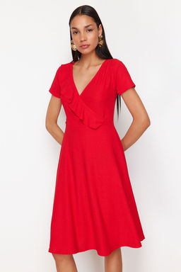 K?rm?z? F?rf?rl? Kruvaze Kapamal? Skater/Belden Ac?lan Esnek Midi Orme Elbise TWOSS24EL01068