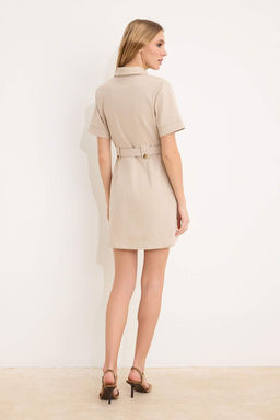 Bej Kemerli Mini Gabardin Dokuma Gomlek Elbise TWOSS26EL00117