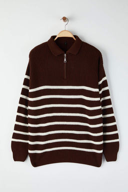 TRENDYOL MAN Vizon Casual Oversize Polo Yaka Cizgili Triko Kazak TMNAW24KZ00018 - Trendyolmilla фото 26