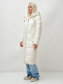 Пальто утепленное стеганное зимнее с капюшоном женское бежевого цвета 9608B