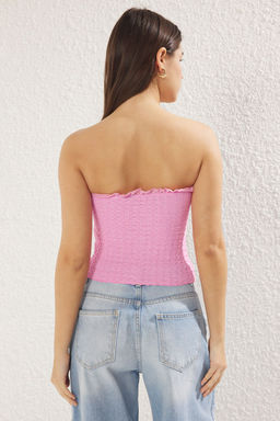 Siyah Dokulu Fitted/Vucuda Oturan Crop Buzgu/Drape Detayl? Straplez Esnek Orme Bluz TWOSS25BZ00004 - Trendyolmilla фото 11