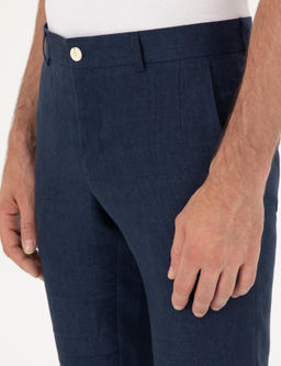 Lacivert Slim Fit %100 Keten Pantolon
