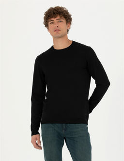 Siyah Slim Fit Bisiklet Yaka Y_n Kar___ml_ Basic Triko Kazak