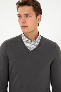 Erkek Slim Fit V Yaka Gri Basic Triko Kazak - U.s. polo assn фото 2