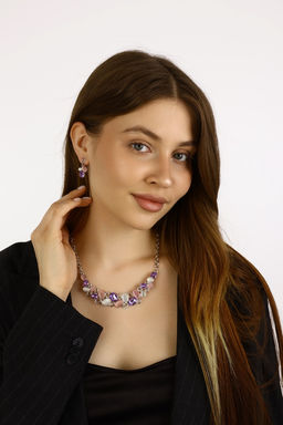 Набор 2 предмета: серьги, колье Листочки, цвет розовый в серебре, 40 см