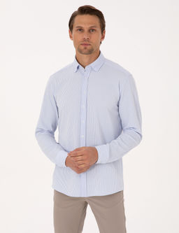 A__k Mavi Esnek Slim Fit _izgili Uzun Kollu G_mlek