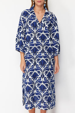 Etnik Desenli Genis Kal?p Dokuma %100 Pamuk Midi Plaj Elbisesi TBESS22EL0009