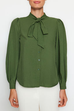 Ekru Yakada Fular Detayl? Regular Normal Kal?p Dokuma Gomlek TWOSS21GO0098