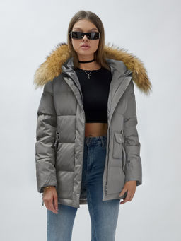 Куртка женская зимняя с мехом енот премиум класса серого цвета 3215Sr - Visdeer фото 11