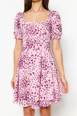 Pembe Desenli Belden Ac?lan Mini Astarl? Sifon Dokuma Elbise TWOSS23EL01171