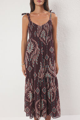 Kahverengi Sal Desen Etegi Belden Ac?lan Gipeli Sifon Dokuma Maxi Ucus Ucus Elbise TWOSS25EL00710