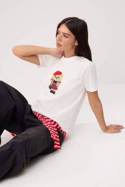 Ekru Bask?l? Regular/Normal Kal?p K?sa Kollu Orme T-Shirt TWOSS26TS00291 - Trendyolmilla фото 2