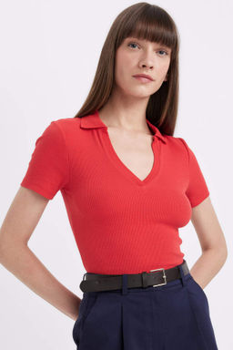 Slim Fit Dar Kesim Fitilli Kaskorse K?sa Kollu Polo Tisort - Defacto фото 2
