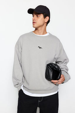 Gri Bisiklet Yaka Oversize/Geni_ Kesim __i Polar Dinozor Nak__ Sweatshirt TMNAW24SW00064
