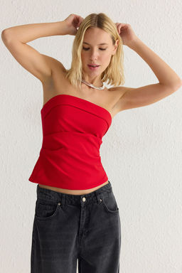 K?rm?z? Straplez Fitted Drapeli Dokuma Bluz TWOSS24BZ00348