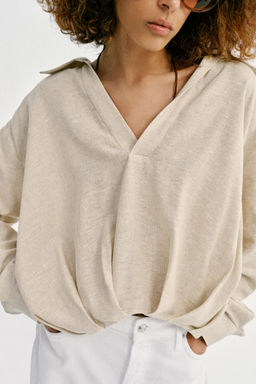 CAMISA CON LINO BAJO ABULLONADO / Beige claro - Zara фото 5