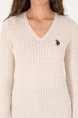 Kad_n Krem Melanj V Yaka Basic Kazak Sepette S_rpriz _ndirim