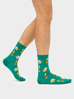 Цена за 5 пар! Носки мужские зеленые с рисунком в виде пивных бокалов и бутылок