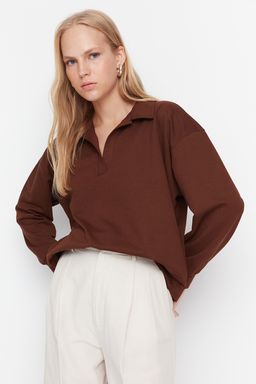 TRENDYOLMILLA Kahverengi Regular/Normal Kal?p Basic Polo Yaka Regular Ince Orme Sweatshirt TWOAW23SW00003  фото 2