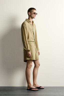 CAMISA RELAXED FIT JACQUARD CUADROS LINO - ALGOD?N / Khaki claro - Zara фото 4