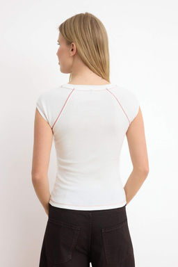 Ekru Fitted/Vucuda Oturan Reglan Kol K?sa Kollu Ribana/Kaskorse Orme Bluz TWOSS26BZ00618