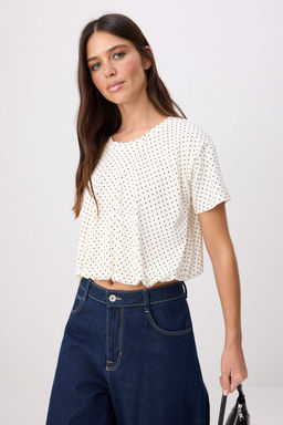Ekru Puantiyeli Regular/Normal Kal_p B_zg_l_ Balon Crop Pamuklu Esnek _rme T-shirt TWOSS26TS00306