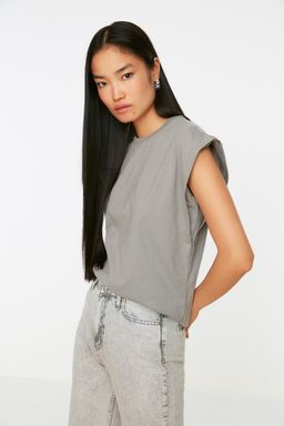 Gri %100 Pamuk Vatka Gorunumlu Basic Bisiklet Yaka Orme T-Shirt TWOSS20TS0021