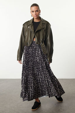 Koyu Kahverengi Piliseli Leopar Bask?l? Esnek Orme Etek TWOSS24ET00041