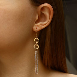 Серьги висячие со стразами «Вечерние», нить и кольцо, белые в золоте,10 см