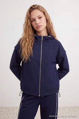 Lacivert Oversize Kap__onlu Yazl_k Ceket Mont TWOAW27MO00094
