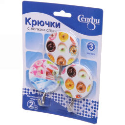 Цена за 6 шт. Крючки в наборе 3шт на липком слое "ИДЕЯДОМА", форма круг, принт пончики, нагрузка 2кг