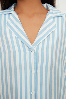 Trendyolmilla Pembe Cizgili Viskon Ustu Genis Kal?p Sortlu Dokuma Pijama Tak?m? THMSS21PT0179  фото 9