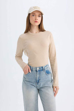 Туника-футболка с длинными рукавами и длинными рукавами в рубчик обычного кроя - Defacto фото 3