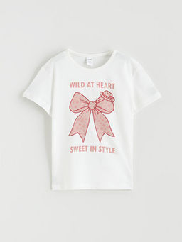 Bisiklet Yaka Fiyonk Bask?l? K?z ?ocuk Ti??rt