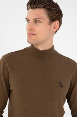Erkek Slim Fit Yar_m Bo_azl_ Haki Basic Kazak