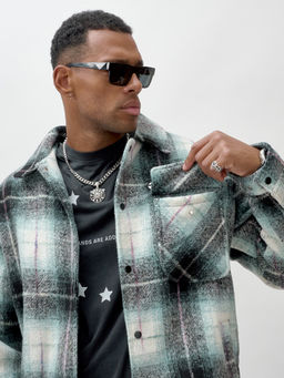 Куртка рубашка шерстяная в клетку мужская демисезонная зеленого цвета 58592Z