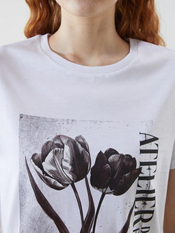 Bisiklet Yaka Bask?l? Penye Kad?n Ti??rt