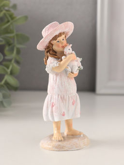 Фигурка полистоун Девочка с кроликом и цветами, в шляпке, розовый, 5?4.5?12 см