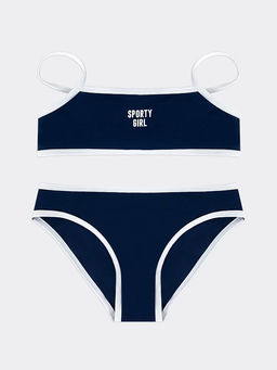 Купальник для девочек раздельный темно-синий с белой вставкой и текстом