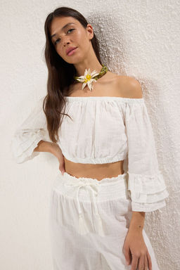 Plaj Giyim %100 Pamuk Ekru Dokuma Volanl? Yuksek Bel Bluz-Pantolon Tak?m TBESS25AU00107 - Trendyolmilla фото 2