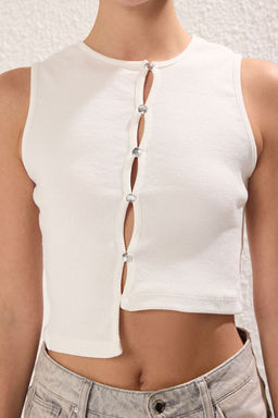 Trendyolmilla Siyah Tas Detayl? Asimetrik Fitted/Vucuda Oturan Fitilli Crop Orme Bluz TWOSS23BZ00500  фото 3