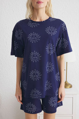 Trendyolmilla Lacivert %100 Pamuklu Gunes Desenli Sortlu Orme Pijama Tak?m? THMSS25PT00139  фото 5