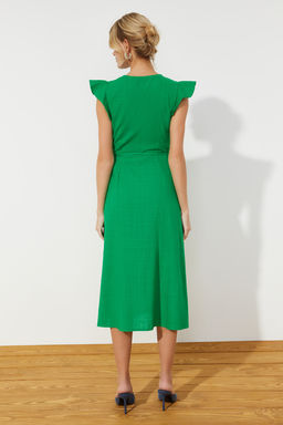 Kiremit Kruvaze F?rf?r Detayl? Keten Gorunumlu Midi Dokuma Elbise TWOSS24EL00071 - Trendyolmilla фото 13