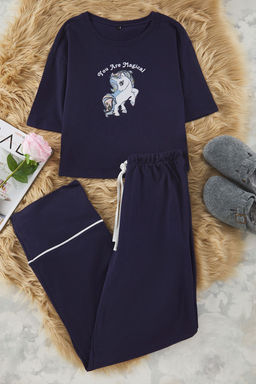 Trendyolmilla Siyah Pamuklu Eglence Bask?l? Biye Detayl? Orme Pijama Tak?m? THMSS21PT0953 фото 11