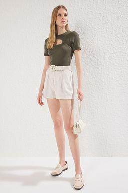 TRENDYOLMILLA Bej Keten Gorunumlu Yuksek Bel Dokuma Sort & Bermuda TWOSS25SR00050 фото 2