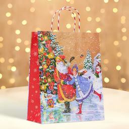 Пакет бумажный подарочный новогодний крафт «Дед мороз и снегурочка» 26×32×12 см