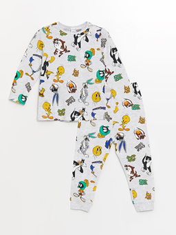 Bisiklet Yaka Uzun Kollu Tazmanya Canavar? Bask?l? Erkek Bebek Pijama Tak?m?