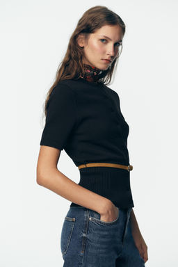 SHORT SLEEVE BELTED CARDIGAN